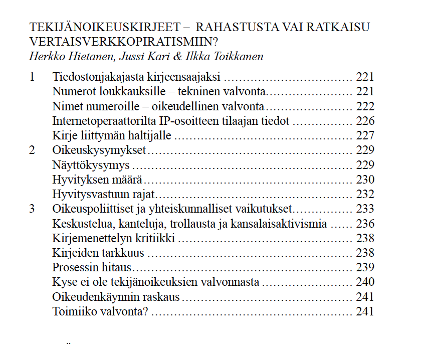 Tekijänoikeuskirjeet sisällysluettelo